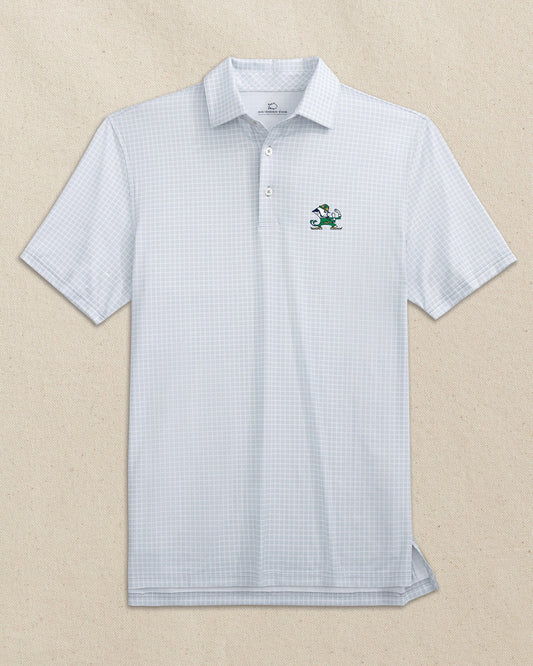 The front view of the Southern Tide Notre Dame Leprechaun Driver Dunes Edge Plaid Polo by Southern Tide - Slate Grey
